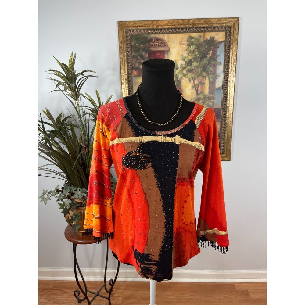 Kakcus Tunic Top Women's Large Orange Knit Embellished Eclectic Earthy Bold